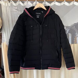 Calvin Klein Men's Black Puffer Jacket with Red Accents